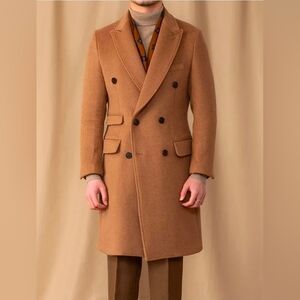 Premium Men's Wool Cashmere Coat Double Breasted Business Casual Size 48